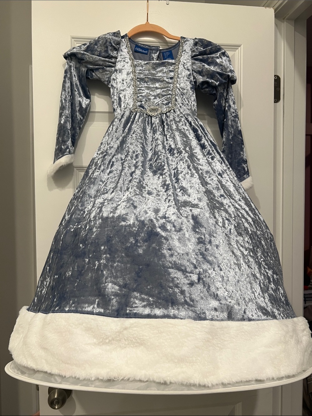 Blue Silver Velvet Princess Costume Dress with White Fur Trim - Kids